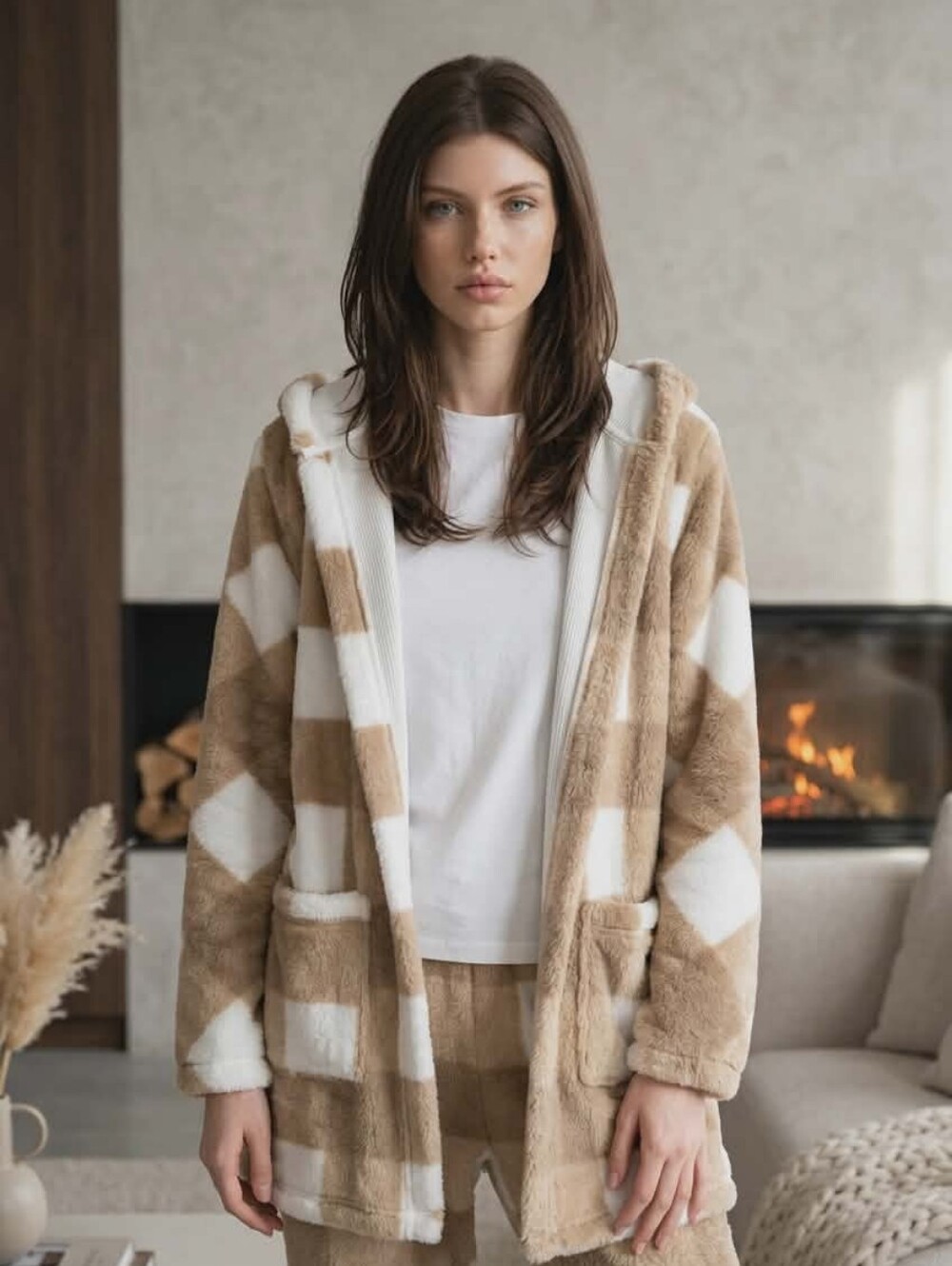 Cozy Faux-Fur Hooded Plaid Jacket - Beige & White